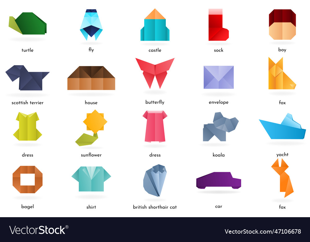 Set of origami with various objects