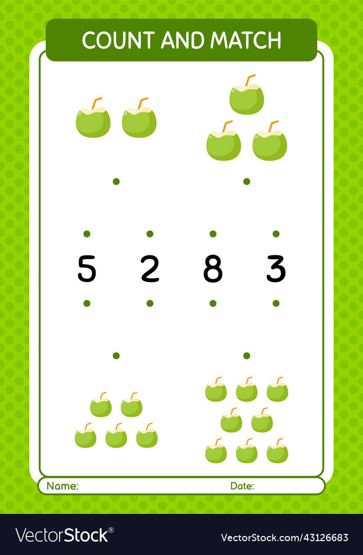Count and match game with coconut worksheet vector image Count and match game with coconut worksheet