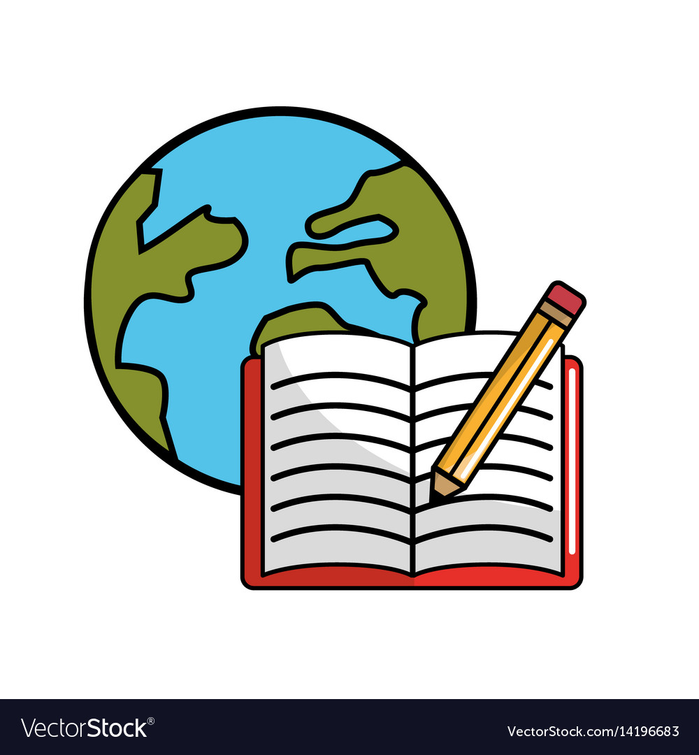 Global planet with open notebook and pencils