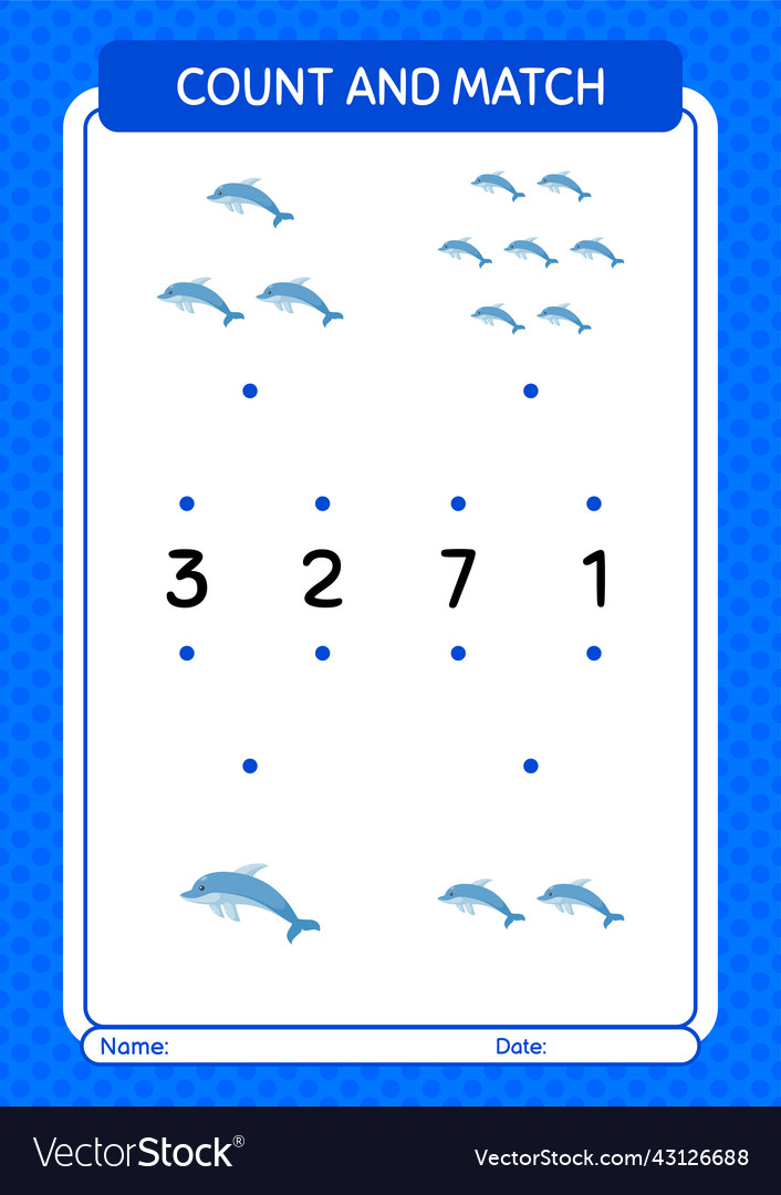 Count and match game with dolphin worksheet vector image Count and match game with dolphin worksheet