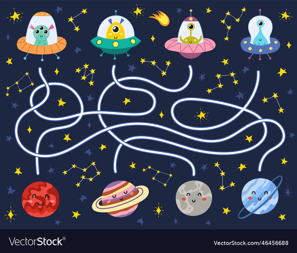 Find the correct way to planets for each alien vector image Find the correct way to planets for each alien