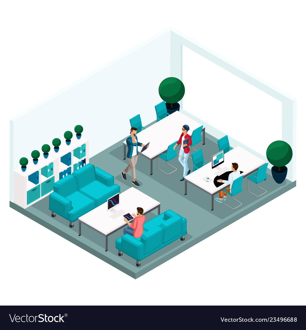 Isometric coworking center freelancer young people