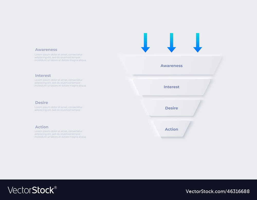 Neumorphism sales funnel infographic Royalty Free Vector