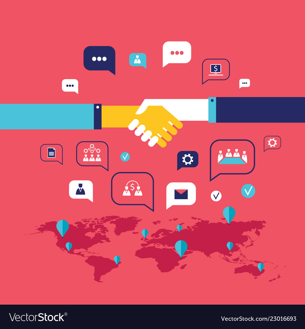 Handshake and icons for web on world map vector image Handshake and icons for web on world map