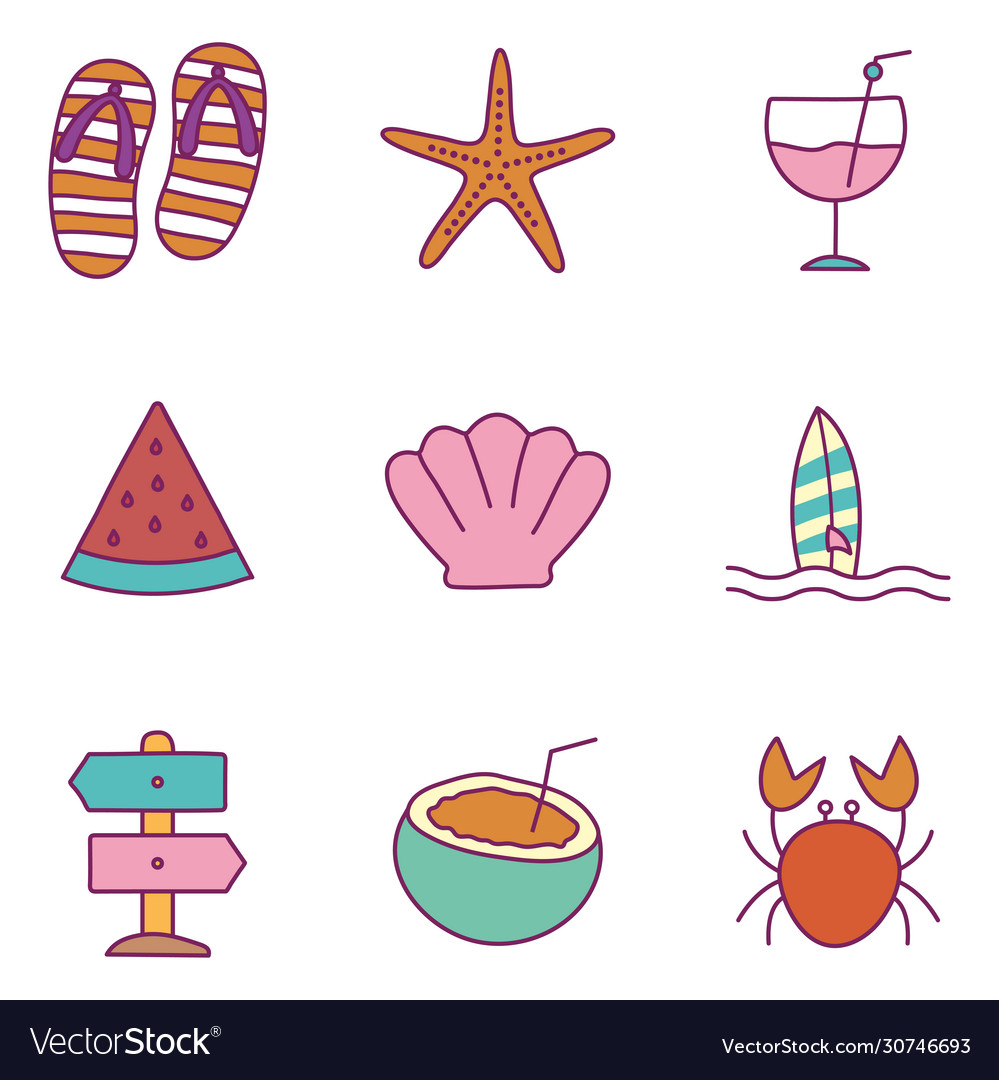 Sommer Linie und füllen Stil Icon-Set Design