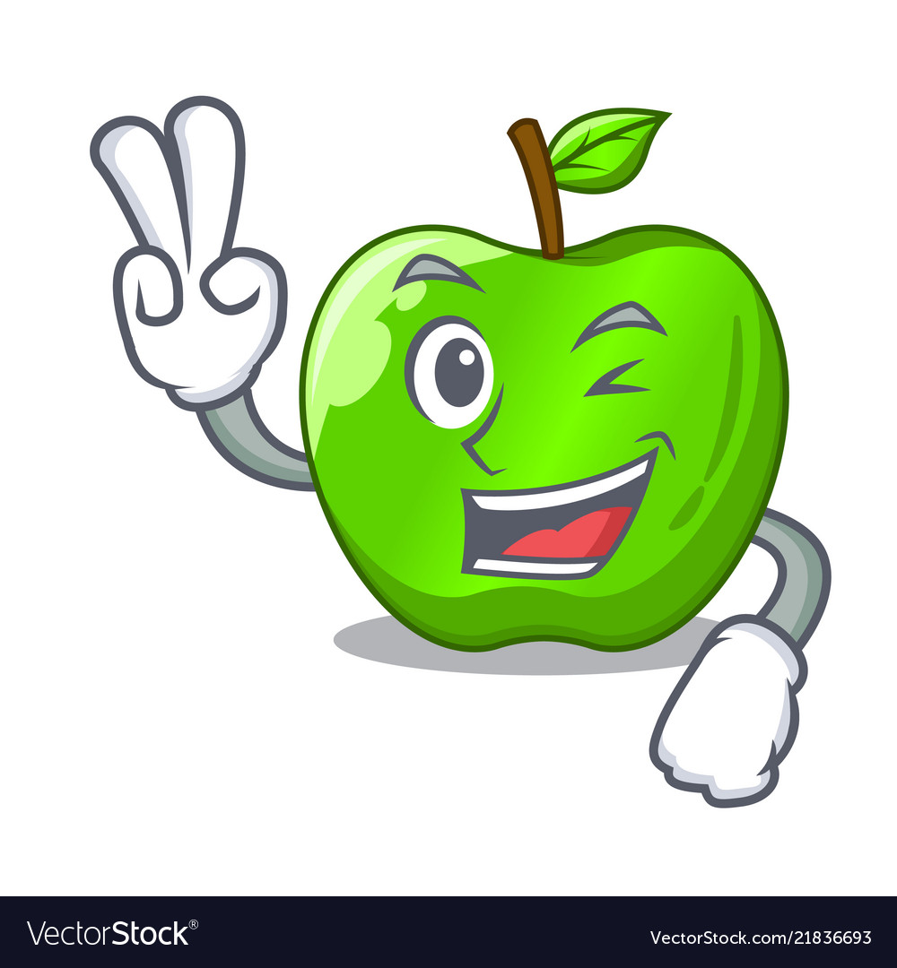 Two finger character ripe green apple with leaf