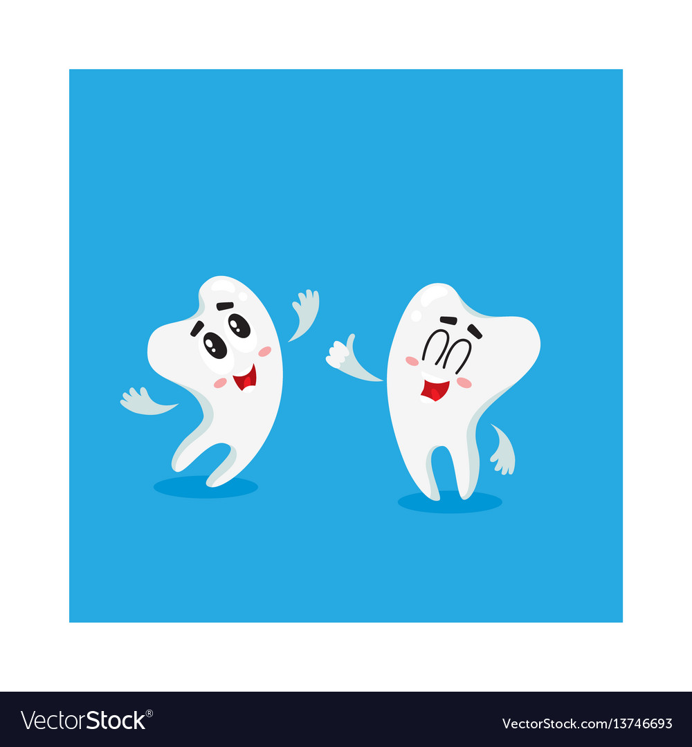 Two funny tooth characters looking pointing up