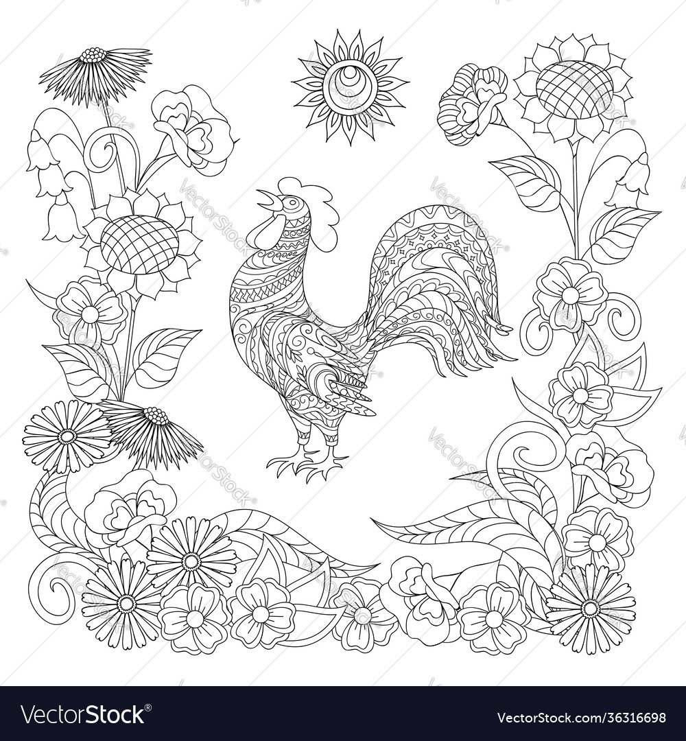 Black and white ornamental rooster symbol sun Vector Image