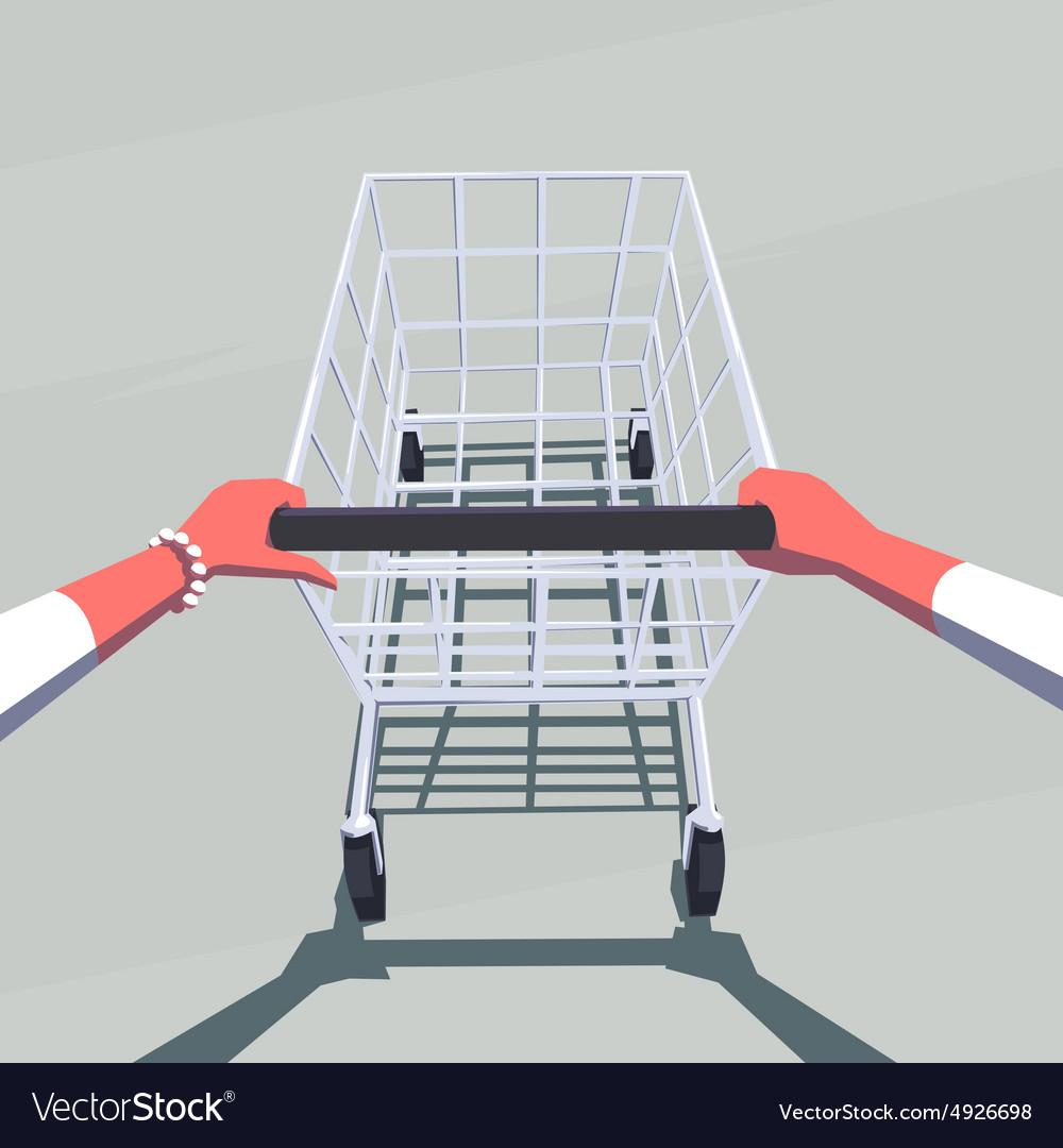 Female hands pushing empty shopping cart Vector Image