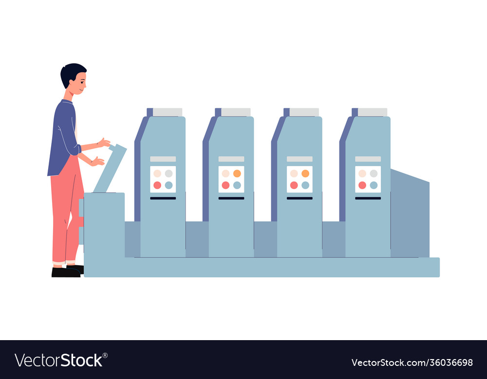 Man works with offset four-color machine vector image Man works with offset four-color machine