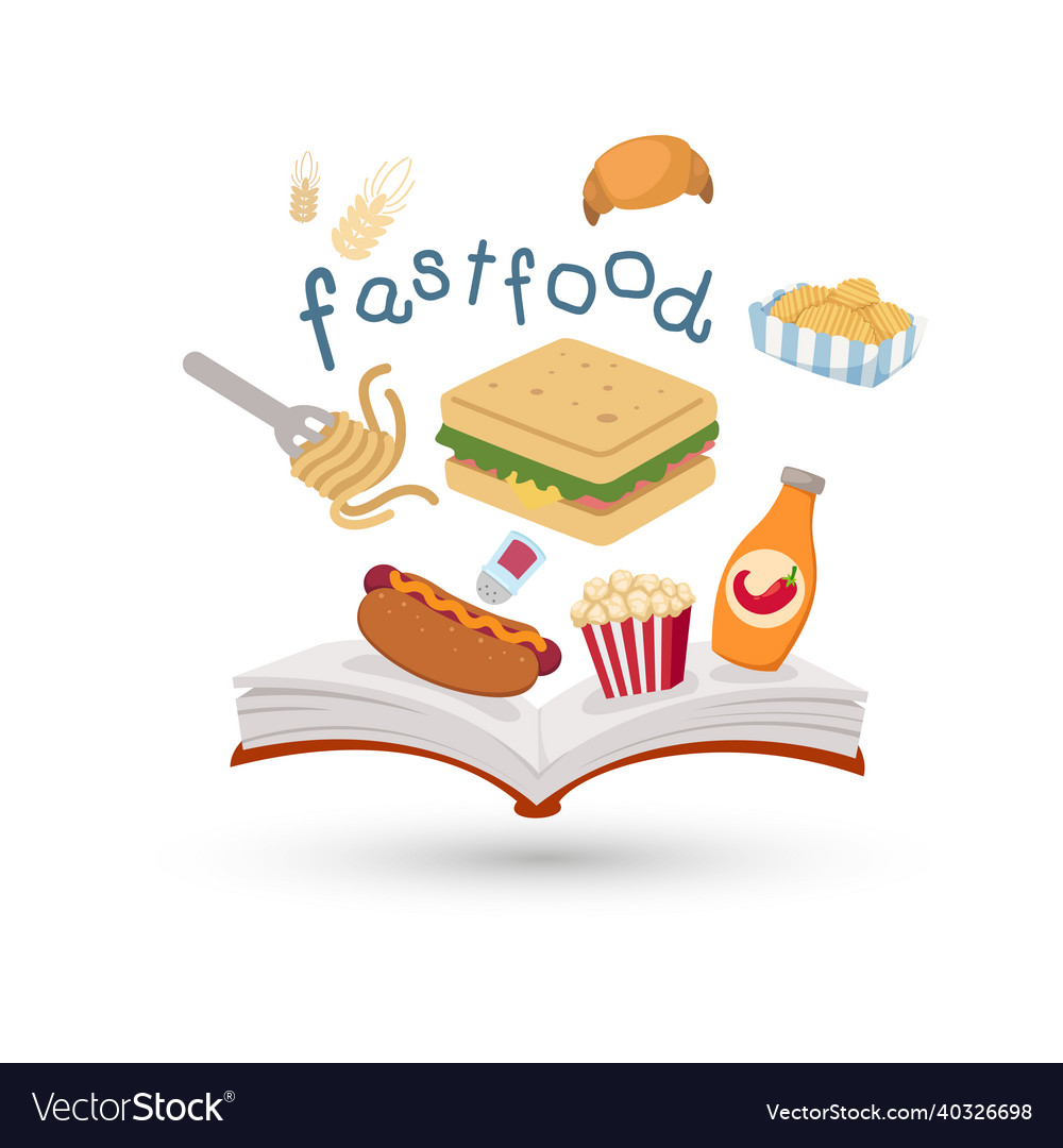 Open book and icons of fast food concept