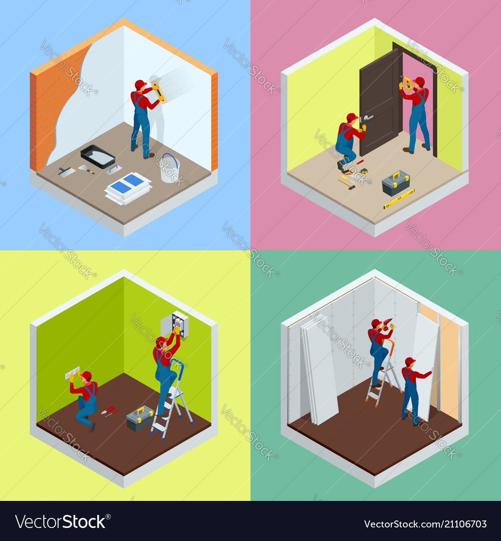 Home repair isometric concept set with workers Vector Image