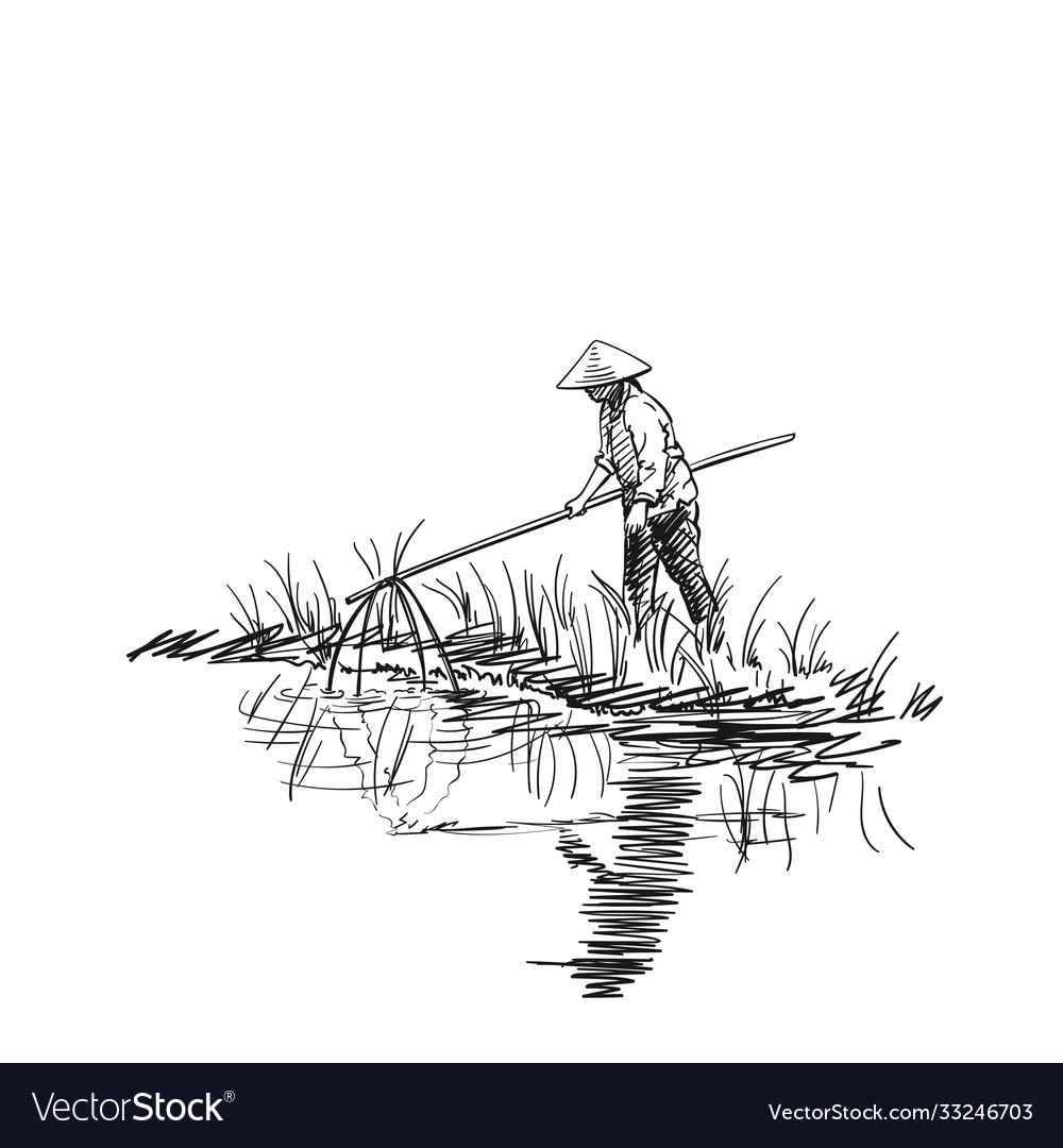 Sketch woman in vietnamese hat fishing Royalty Free Vector