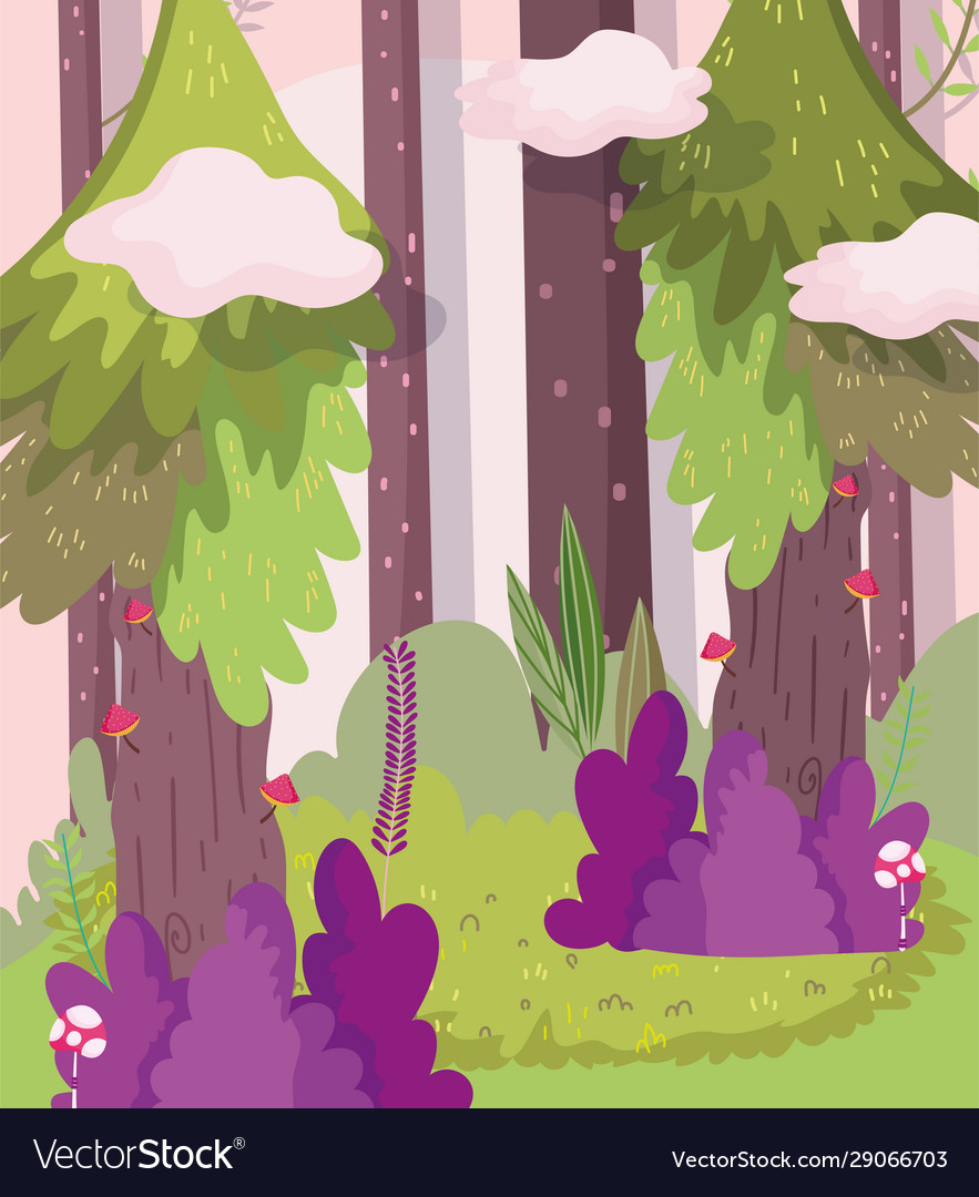 Trees bushes mushrooms clouds landscape nature