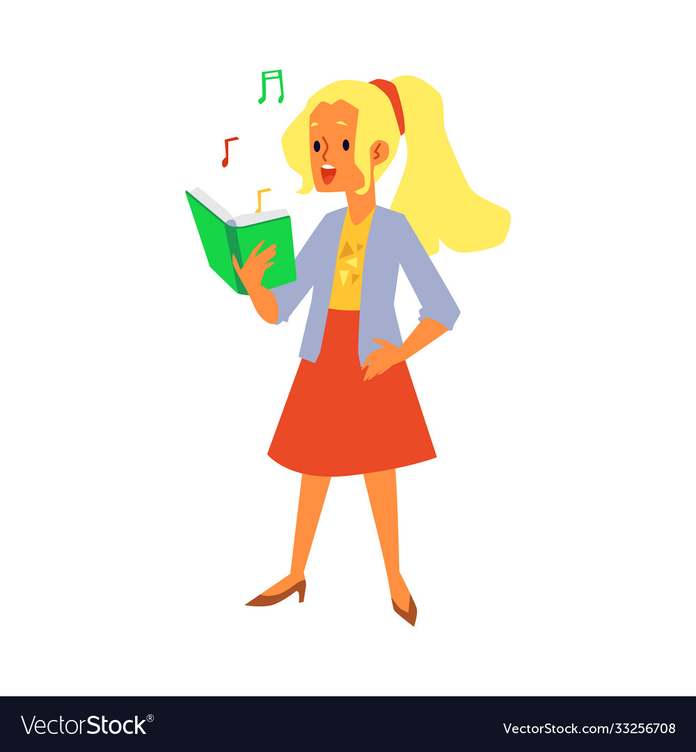 Cartoon girl singing while looking at book