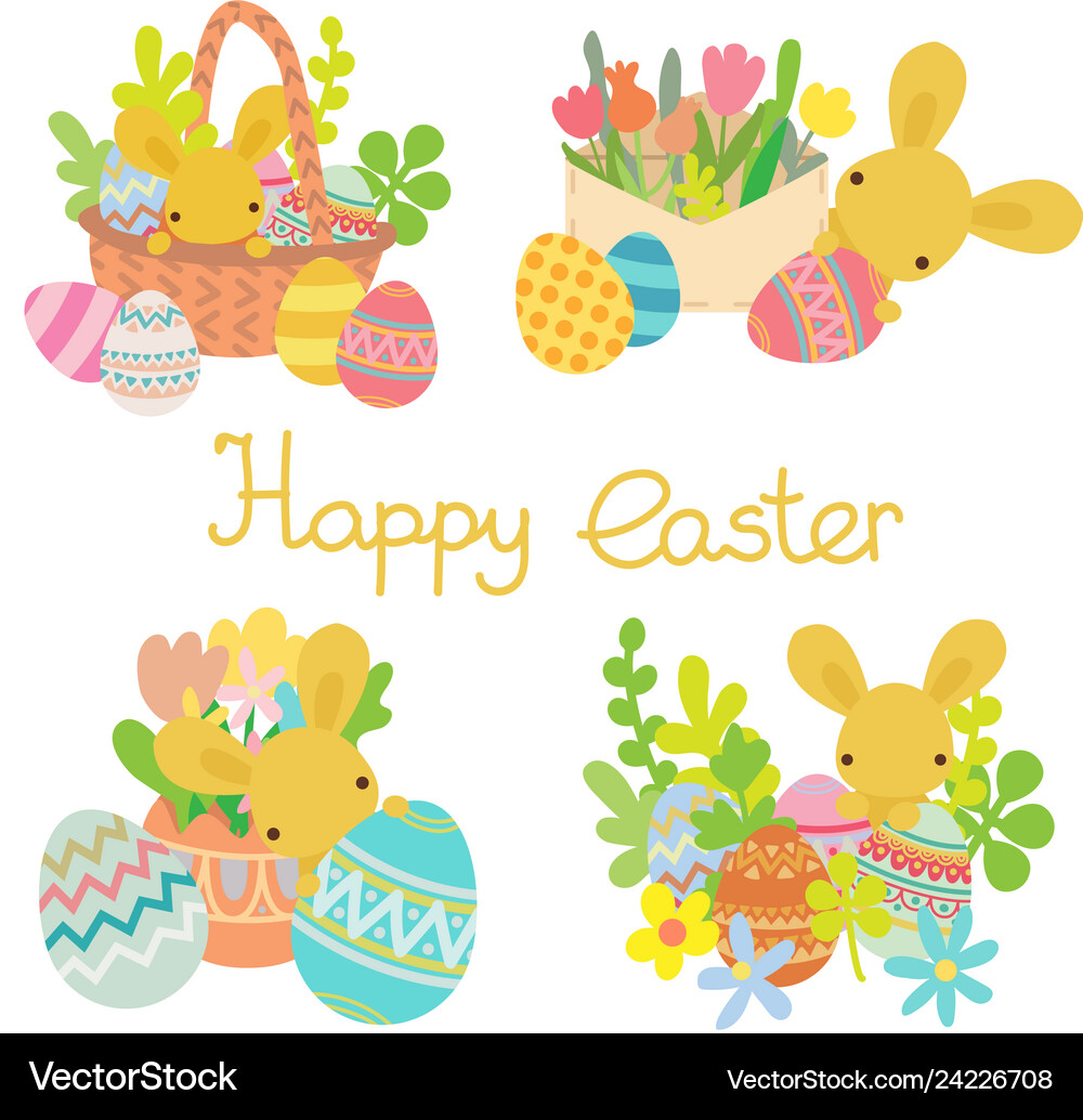Flat rabbit with easter eggs flowers set Vector Image