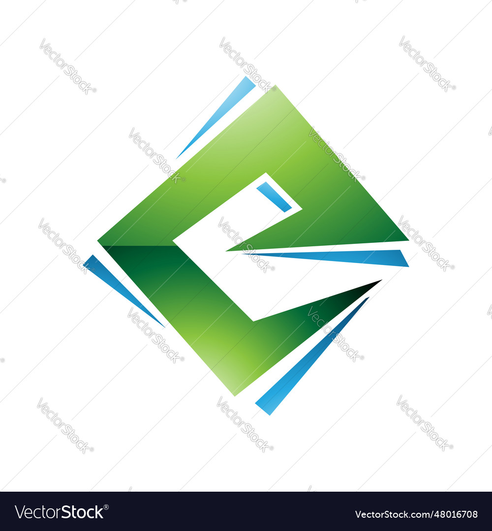 Green and blue glossy square diamond letter e icon