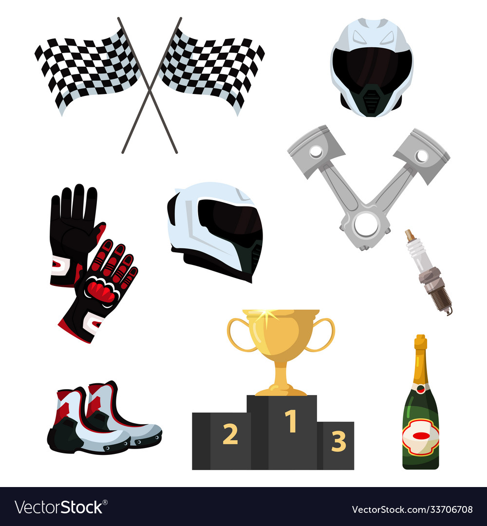 Motor speed racer sport accessory isolated set