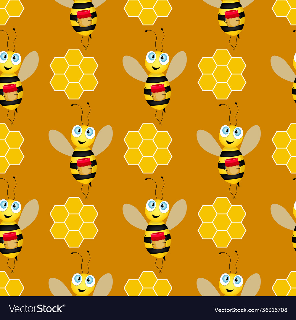 Seamless pattern with bees and honeycombs on brown