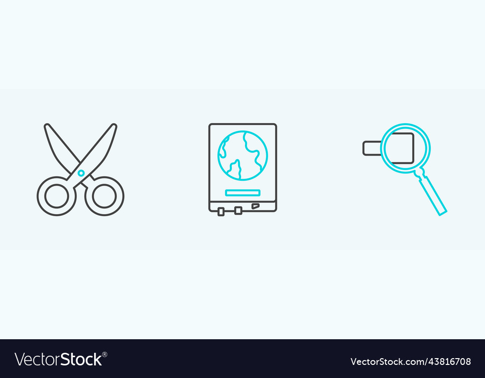 Set line magnifying glass scissors and world map vector image Set line magnifying glass scissors and world map