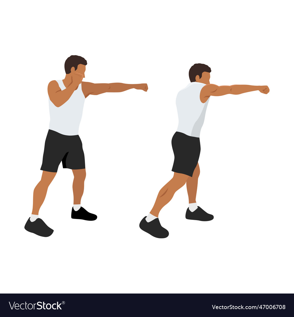 Sporty man during boxing exercise making direct Vector Image