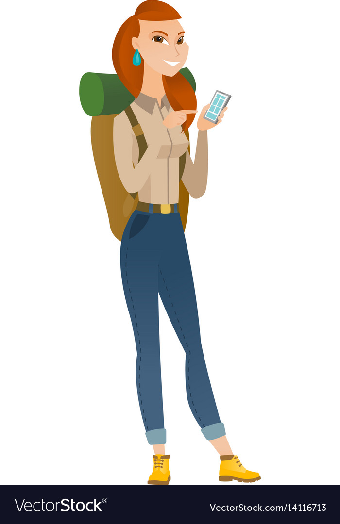 Caucasian traveler holding a mobile phone