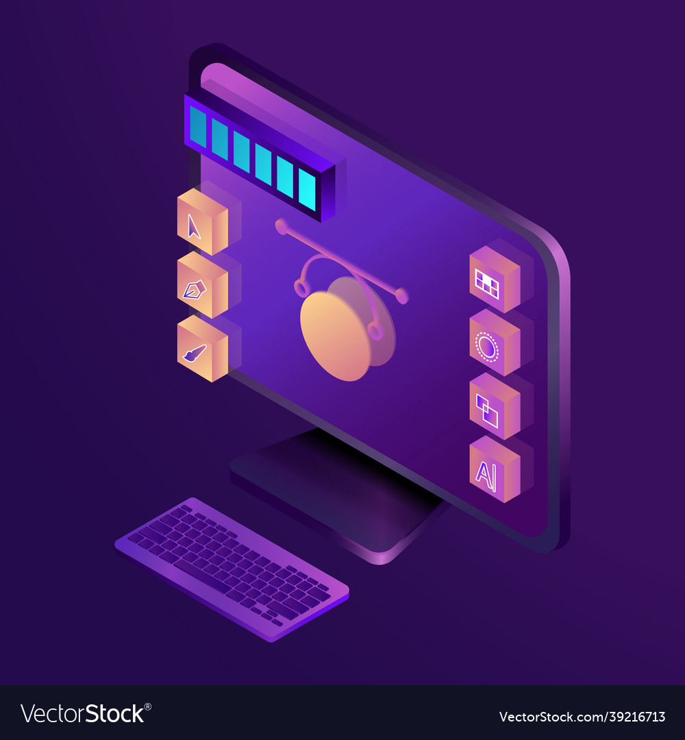 Computer screen with design icons in isometric Vector Image Computer screen with design icons in isometric