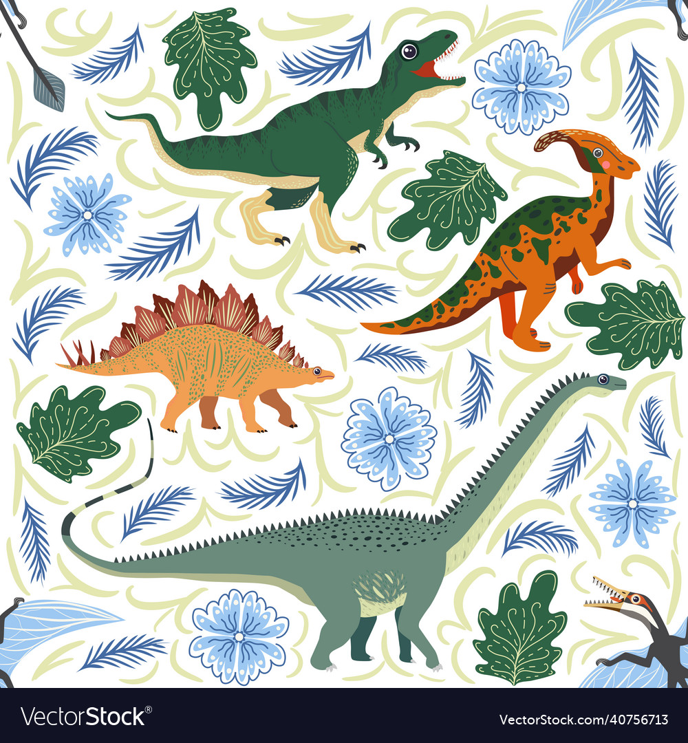 Hand drawn seamless pattern with dinosaurs