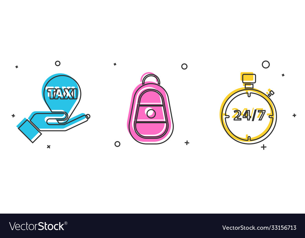 Set hand on map pointer with taxi car key vector image Set hand on map pointer with taxi car key
