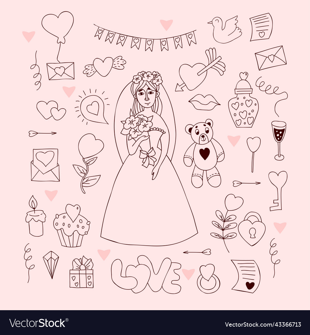 Set wedding doodles cute girl bride and bouquet