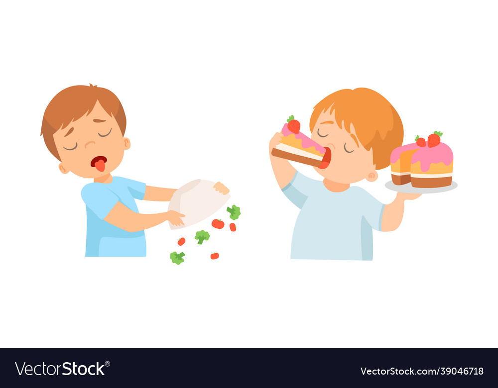 Little boy gulping sweet cake and throwing bowl vector image Little boy gulping sweet cake and throwing bowl