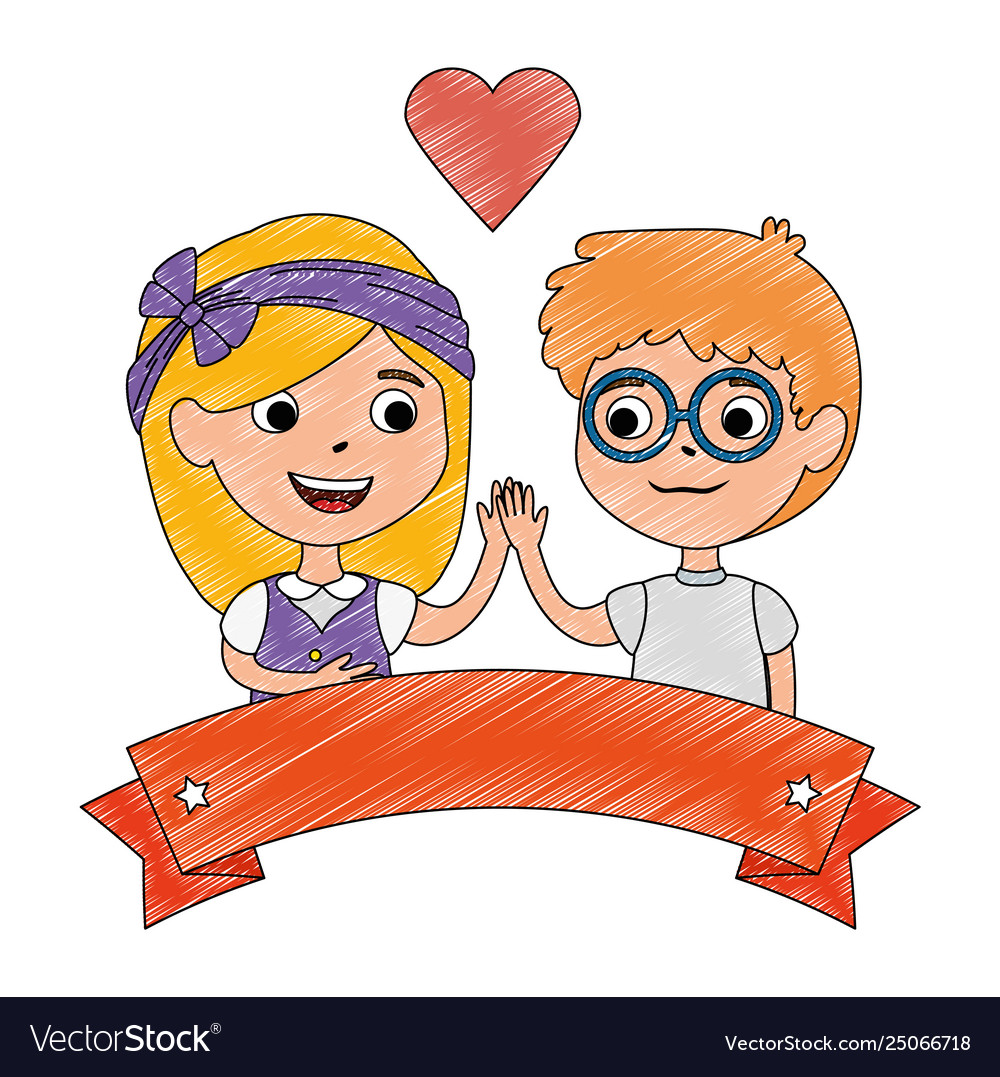 Little kids couple with heart and ribbon