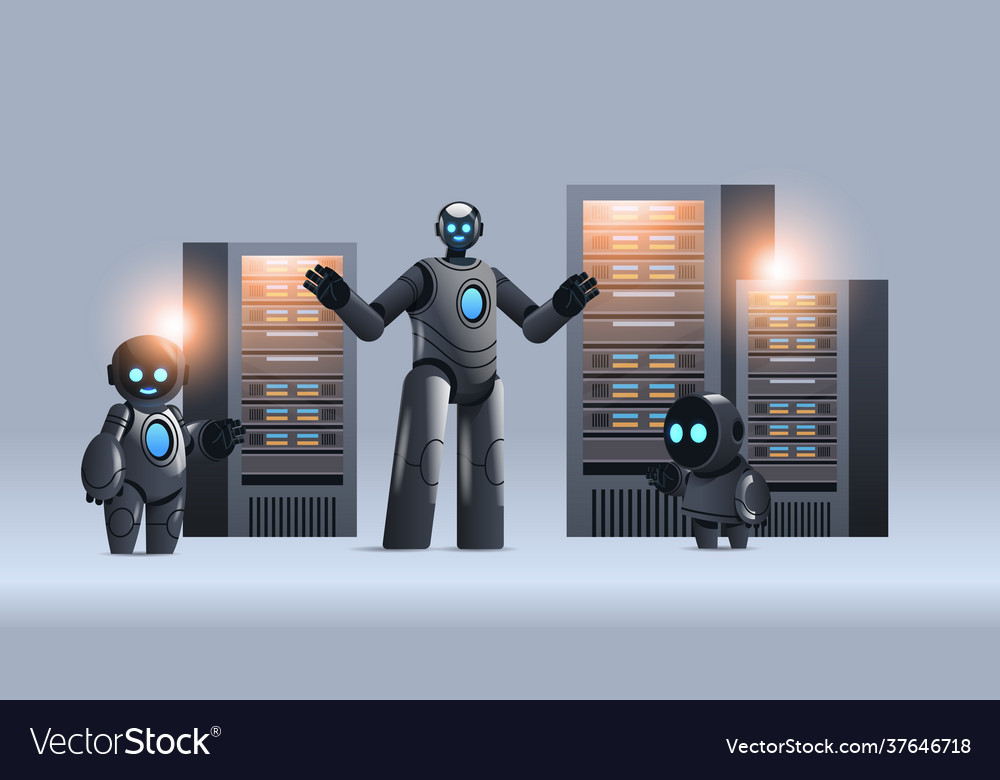 Robots in server room big cloud data analysis