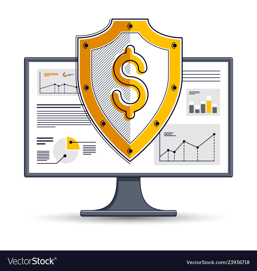 Shield over computer monitor internet financial vector image Shield over computer monitor internet financial