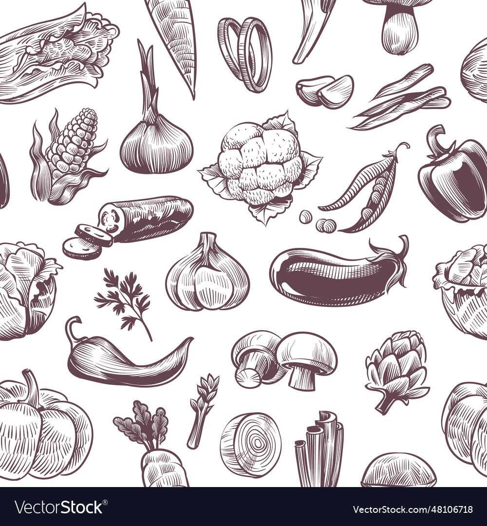 Vegetables Seamless Pattern Vintage Hand Drawn Vector Image