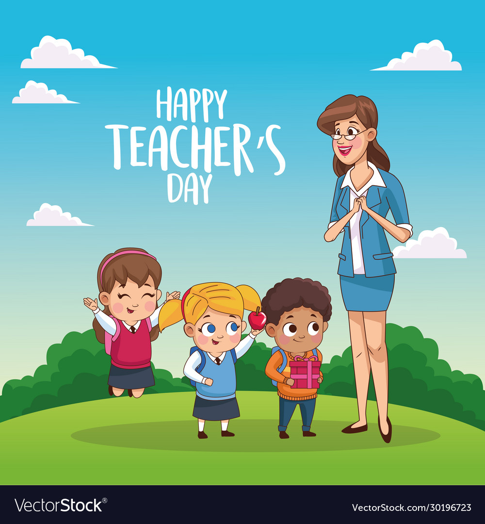 Happy teachers day card with teacher and students Vector Image