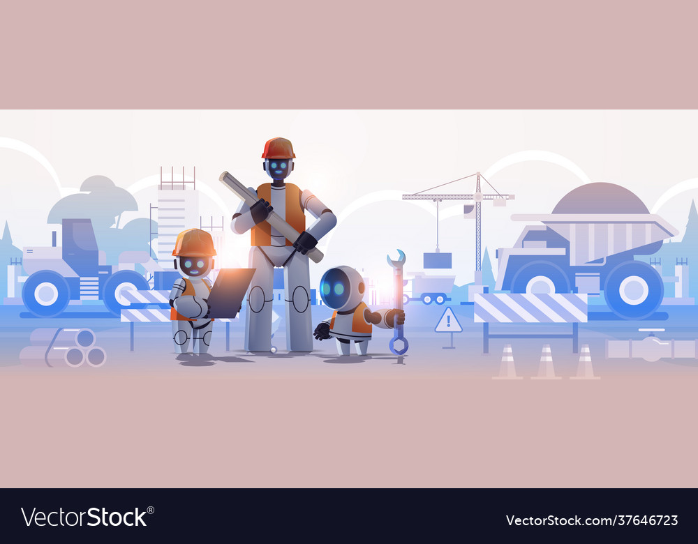 Robots engineers in hardhats holding drawings vector image Robots engineers in hardhats holding drawings