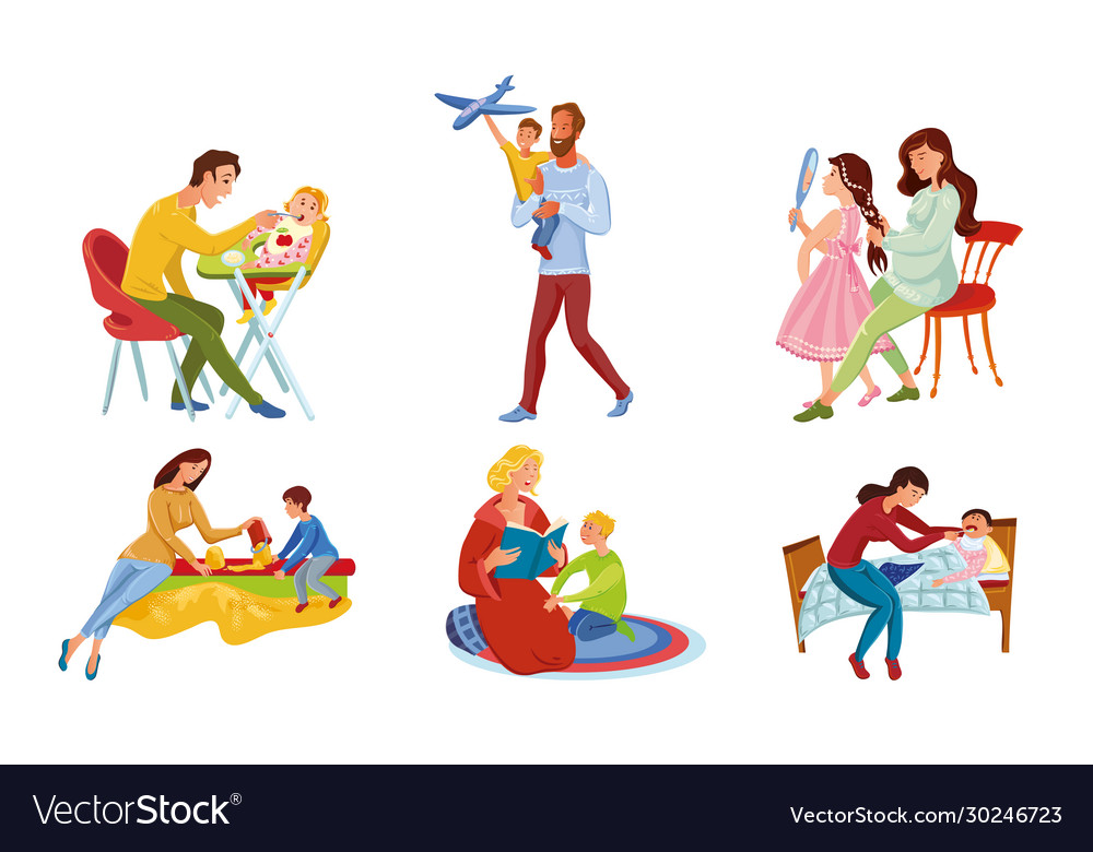 Set Happy Parents And Children Spend Time Vector Image