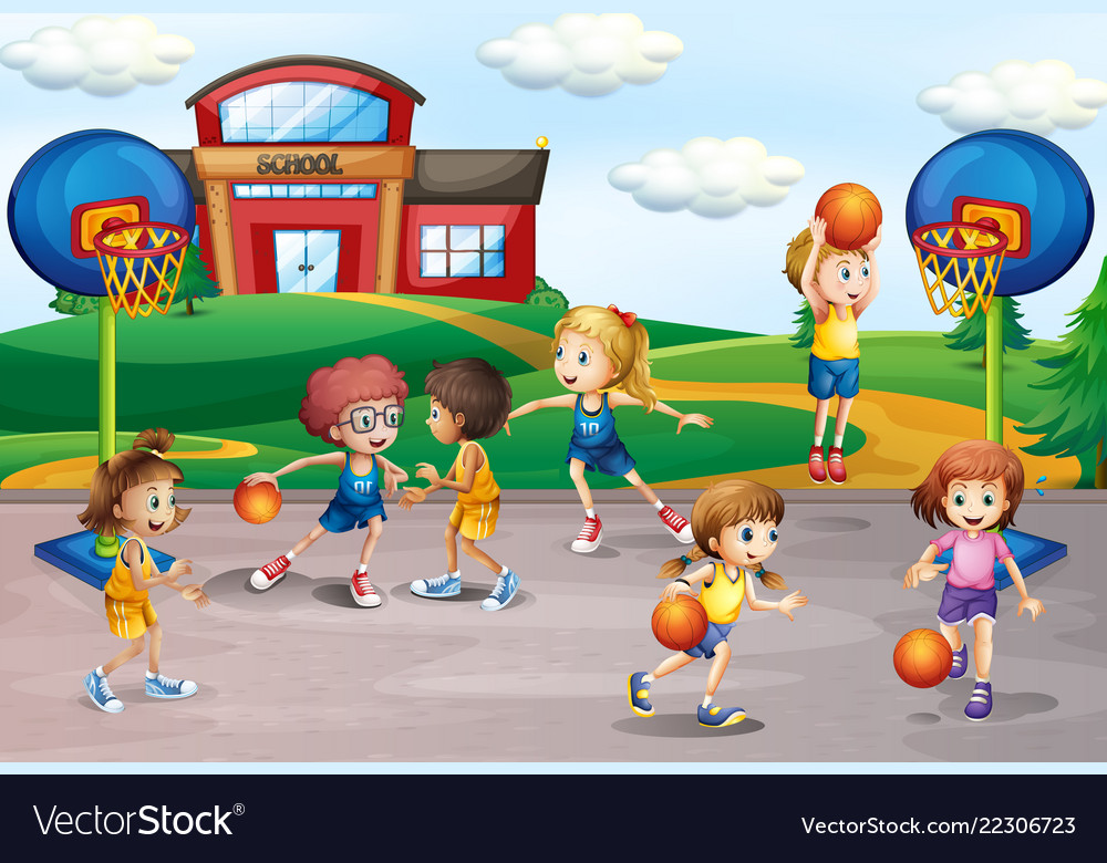 Students playing basketball in physical education Vector Image Students playing basketball in physical education Vector Image