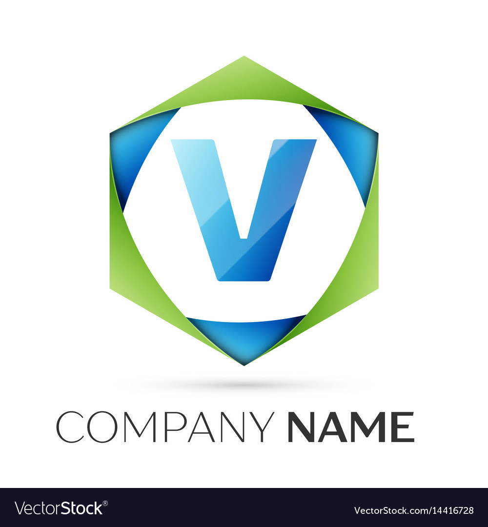 Letter v symbol in the colorful hexagonal Vector Image