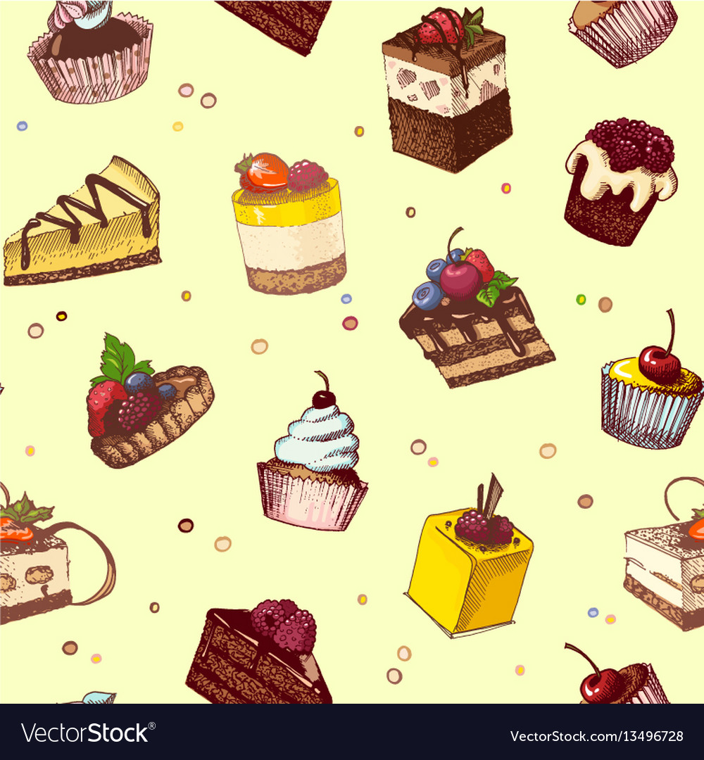 Seamless background with sketches of cakes vector image Seamless background with sketches of cakes