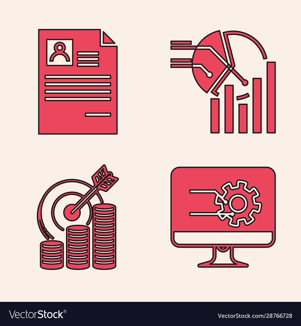 Set computer monitor with graph chart resume pie vector image Set computer monitor with graph chart resume pie