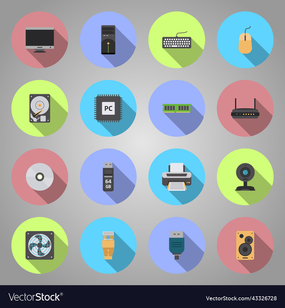 Set of circles flat icons computer components