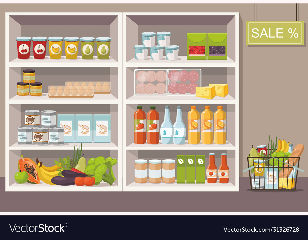 Supermarket interior with shelves full products