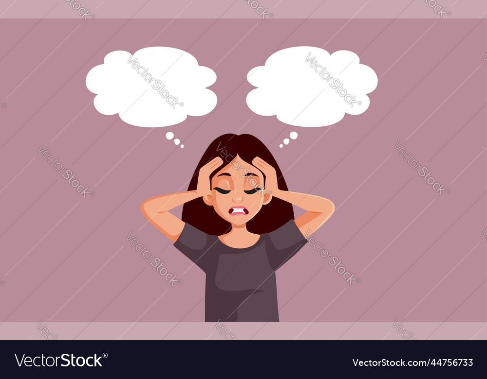 Exhausted woman with multiple thinking bubbles Vector Image