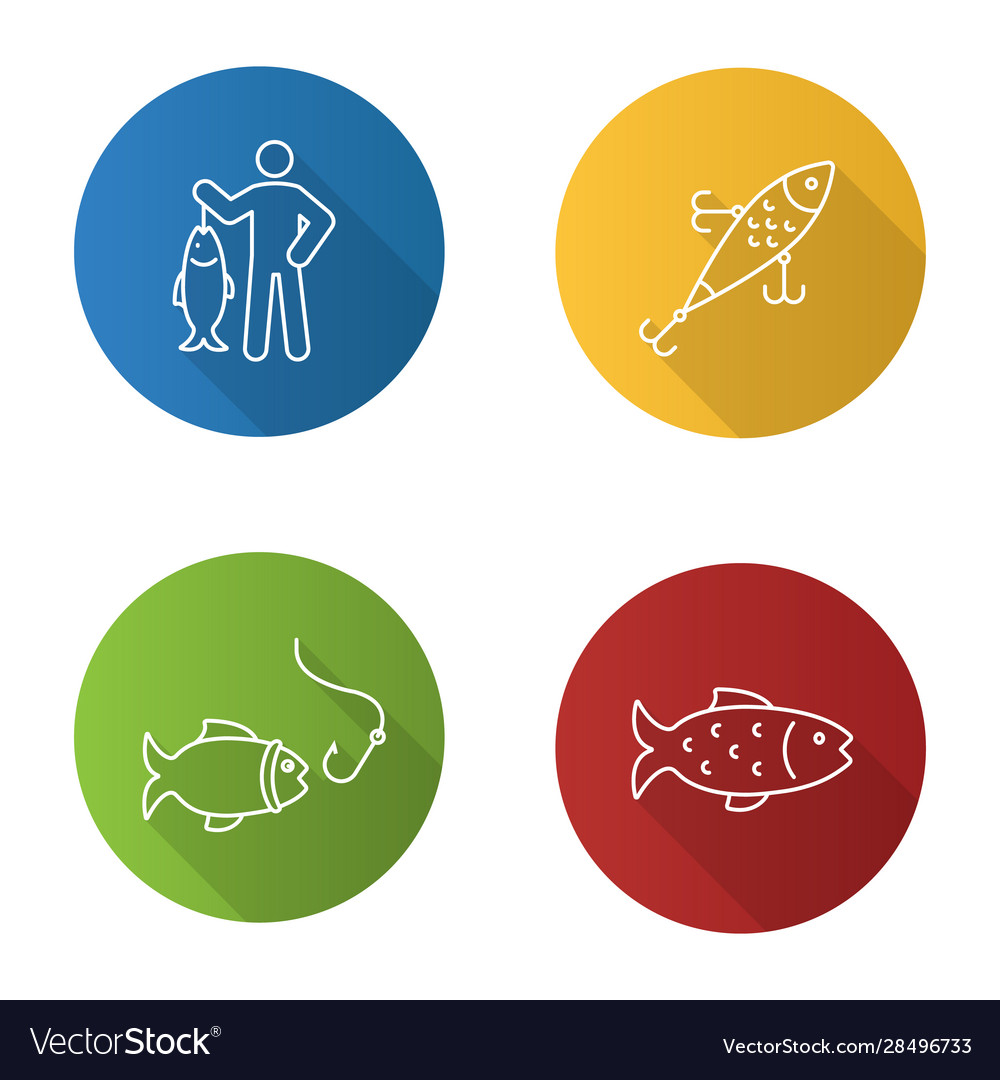 Fishing flat linear long shadow icons set