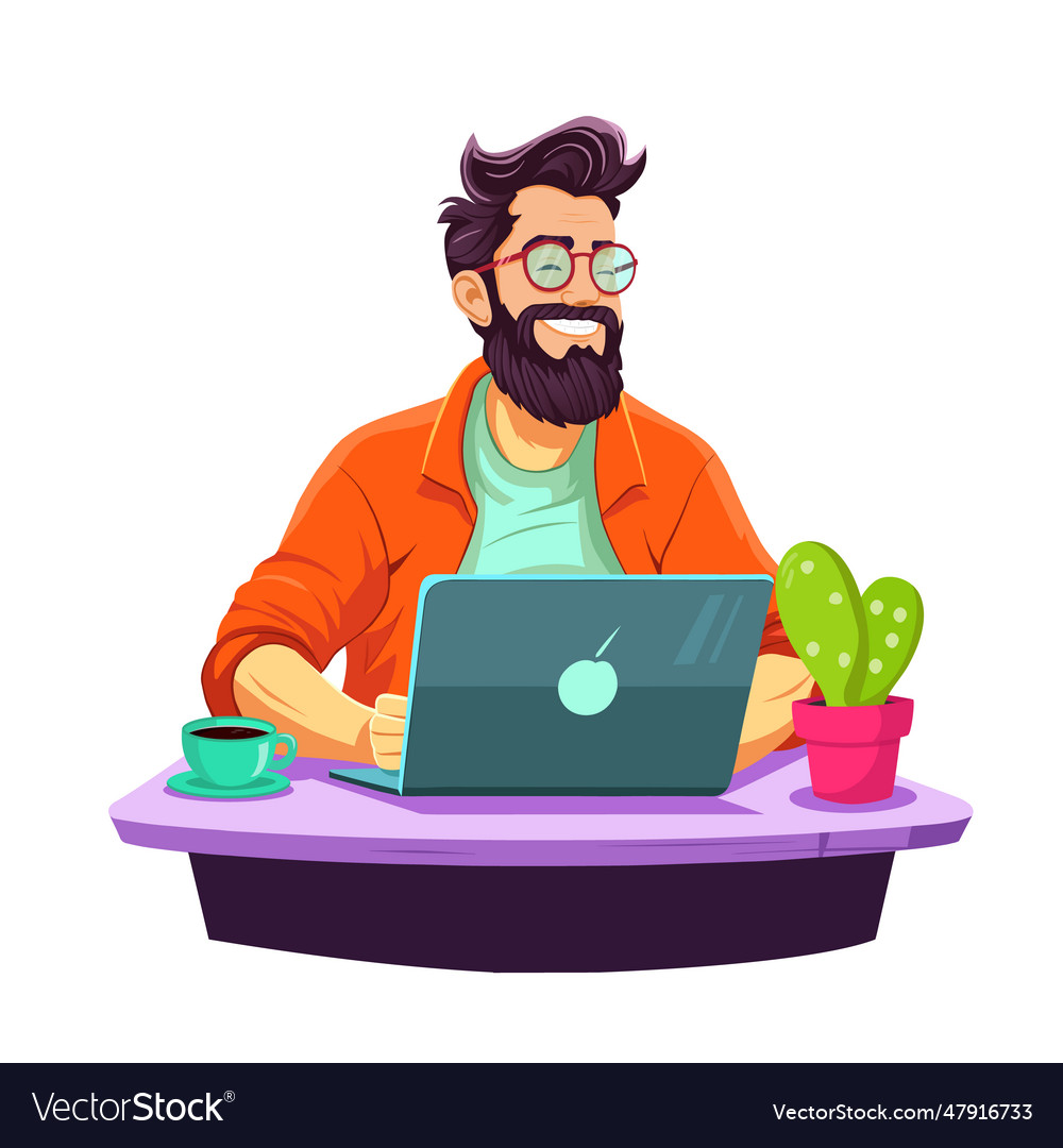 Happy business man at the desktop with a laptop