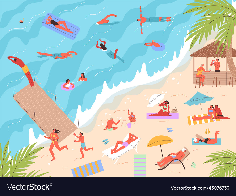 People on beach seashore on hot day summer vector image People on beach seashore on hot day summer