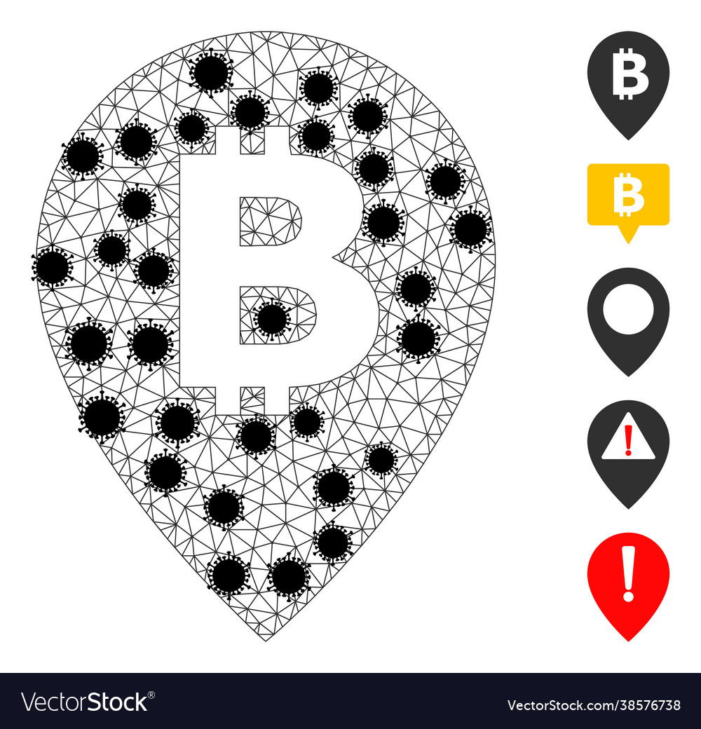 Bitcoin map pointer wireframe mesh pictograph vector image Bitcoin map pointer wireframe mesh pictograph