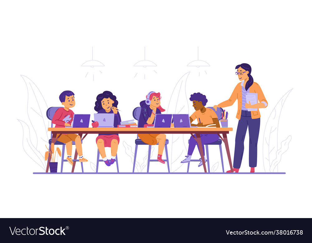 Boys and girl study in computer class using vector image Boys and girl study in computer class using